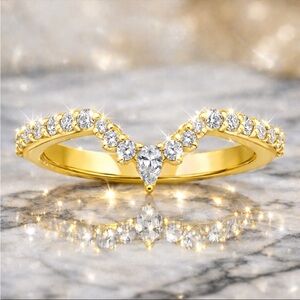 14K Gold CZ Diamonds Curved Wedding Band Pear Round Stackable Ring Bridal Dainty